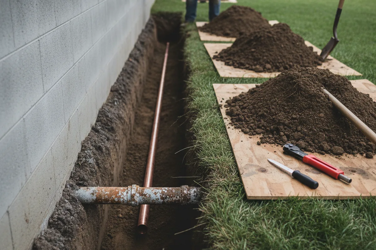 Excavated water line trench during Water Heater Repair in Theodore